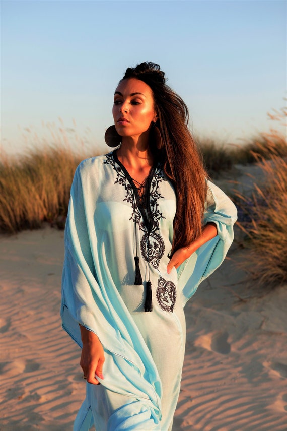 Spring Beach Flowing kaftan-Light Blue Embroidery Nasrine beach cover ups, beach wedding, resortwear,maxi, birthdays, honeymoon,home dress