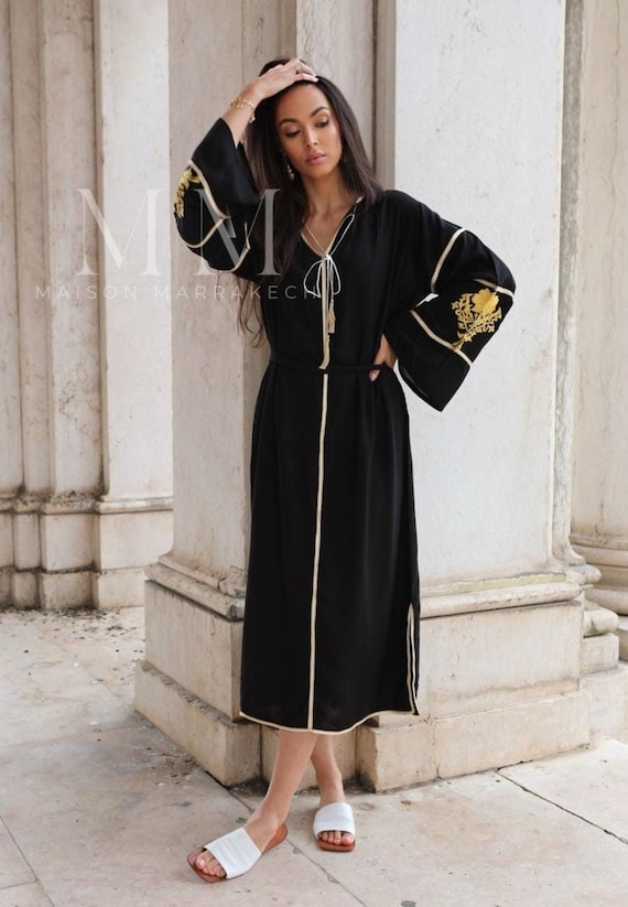 Black & Gold Summer Kaftan, Caftan-Moroccan Kaftan,Goddess dress, Ladies Halloween Costume, Halloween black dress,Tribal dress,fall clothing