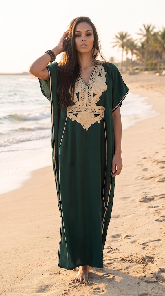 Etsy's Pick- Summer Kaftan dress, Moroccan Green Gold boho Caftan-party dress,holiday dress,gift for her,home dress,resort dress, boho dress