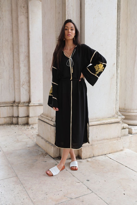 Black & Gold Summer Kaftan, Caftan-Adriana- Moroccan Kaftan, maxi dress, beach cover ups, beach dress,  dress, gifts, loungewear