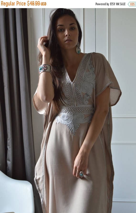 Spring Beige Caftan Resortwear with Grey Embroidery -loungewear, resortwear, Birthdays, Honeymoon gifts, dress,beach kaftan,, holiday