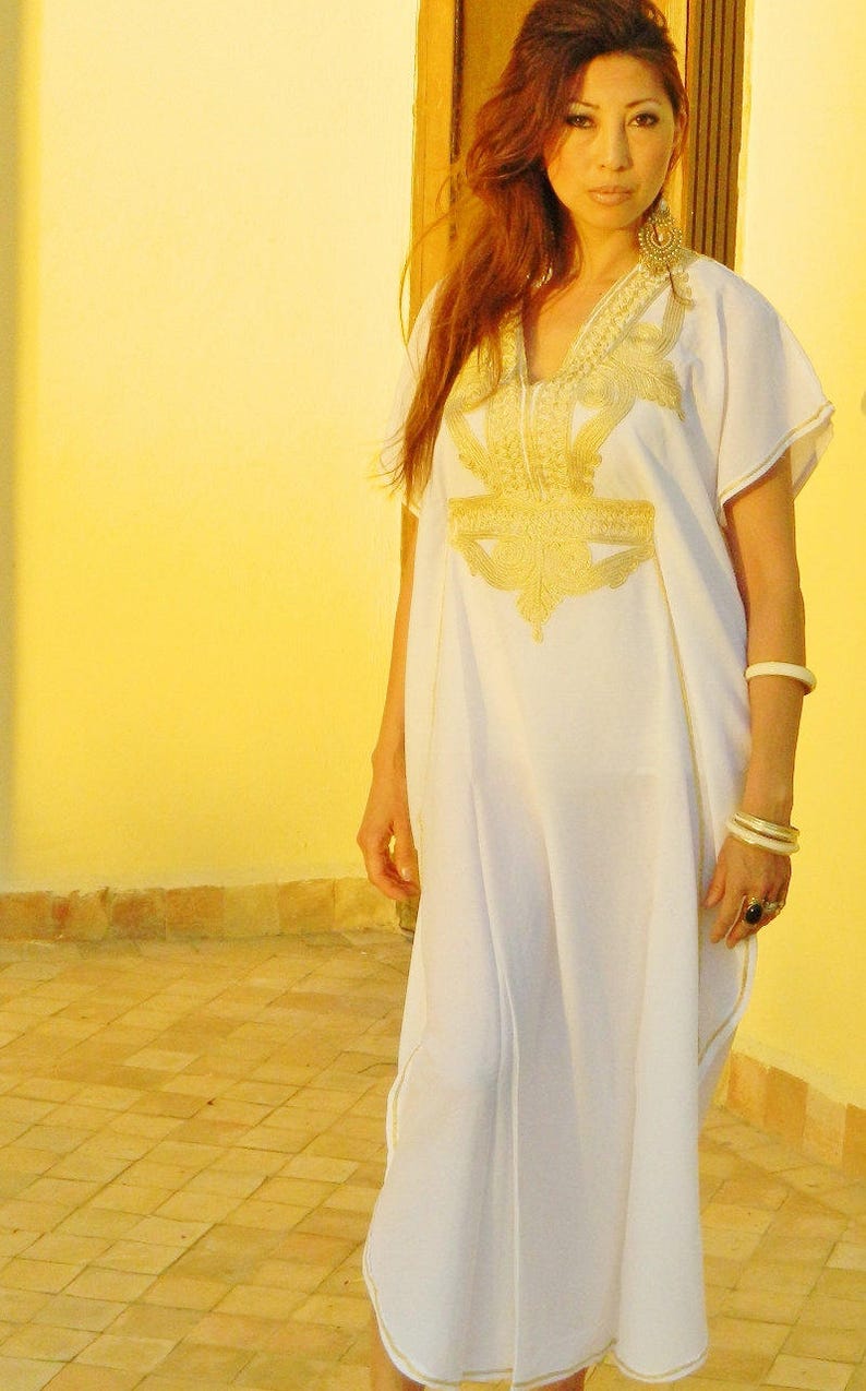 Spring White Kaftan Dress Kaftan Moroccan Resort Caftan Kaftan Marrakech-White Gold Embroidery, beach cover ups, resort , dress, , ,,, image 4
