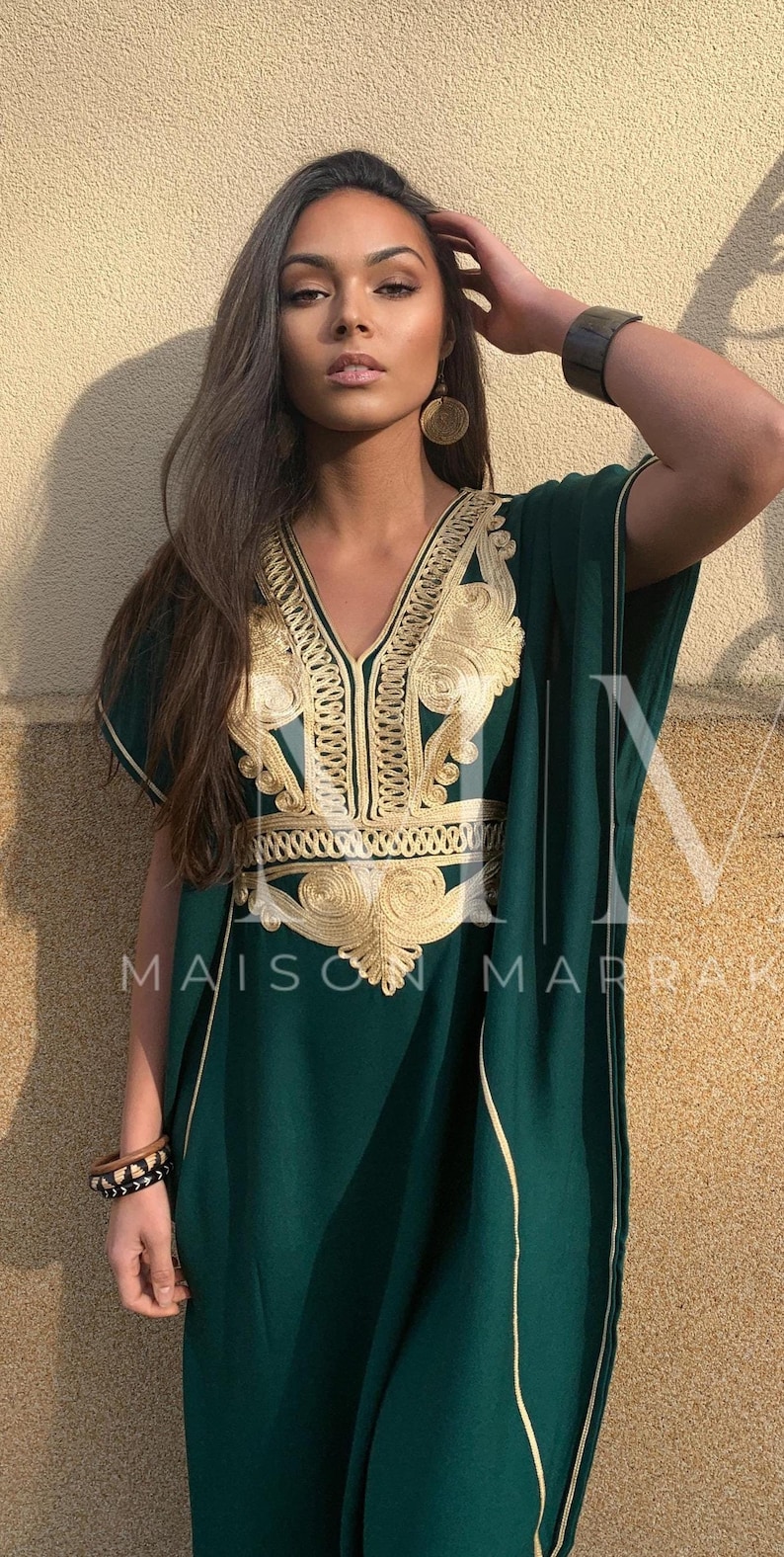 Etsy's Pick- Autumn Kaftan Dress Moroccan Green Gold Beach Caftan-beach cover up,resort dress,home dress,birthday,holiday dress, boho dress image 1