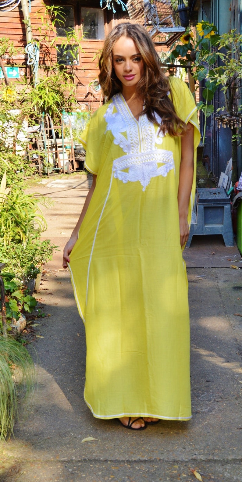 Kaftan, Yellow White Marrakech Resort Caftan Kaftan beach cover ups, resortwear,loungewear, maxi dresses, birthdays, honeymoon, maternity image 4