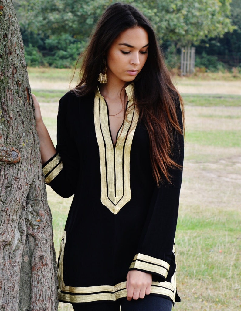 Spring Trendy Tunic Black with Golden Embroidery Mariam resort tunic,birthday gifts, black boho tunic, gifts for her, Ramadan gifts Ramadan image 1
