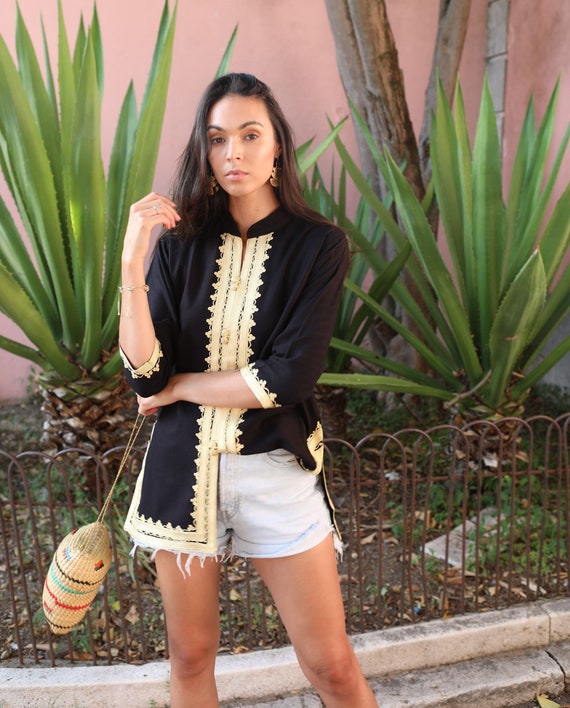 Summer Handmade Black & Gold Brown Moroccan Tunic, White Shirt, Embroidered Tunic, Moroccan Shirt, Birthday gifts,Gift for her,boho tunic