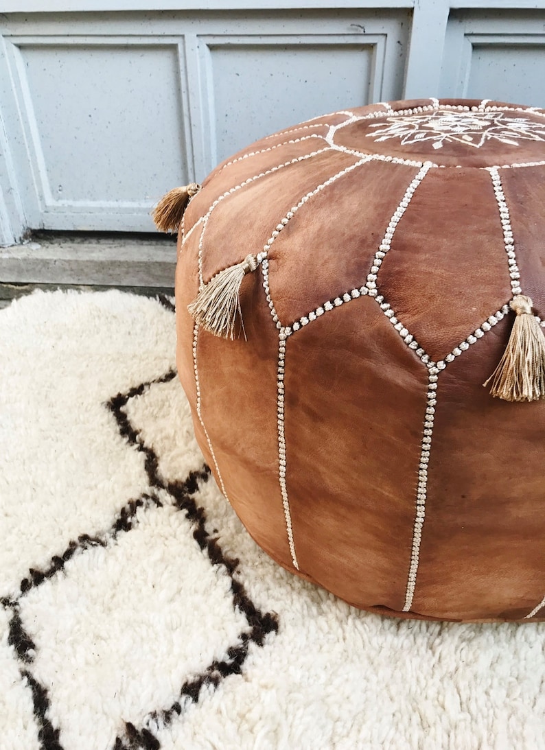 Bestseller/ gift, Spring TAN BROWN MOROCCAN Leather Pouf Pouffe-gifts, wedding gifts, decor, home gifts, ottoman,brown floor pouf,Xmas gifts image 3