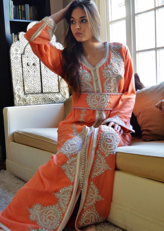 Moroccan Modern Salmon Pink Embroidery Caftan Kafan-Kalia-, moroccan parties, weddings,abbayas, honeymoon, birthday,,,Summer dress,holiday