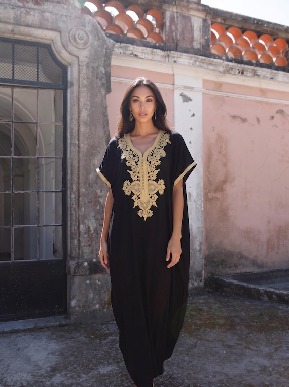 Autumn Black Gold Laila Caftan Kaftan Gandora dress -gift for her, Eid gift, luxury boho Moroccan kaftan, seasonal Christmas gift