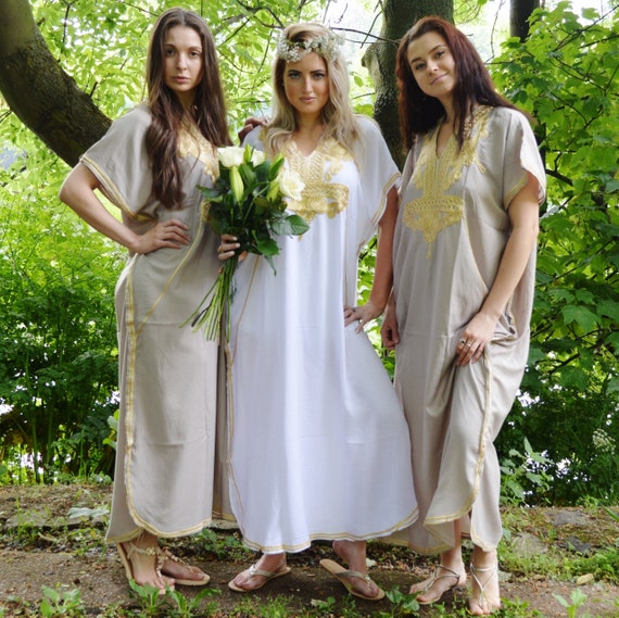 Set of 6 Bridesmaid robes,Bridesmaid gifts, Beige Gold Marrakech One Size Moroccan Kaftan-Beach wedding, bridal shower party, baby shower