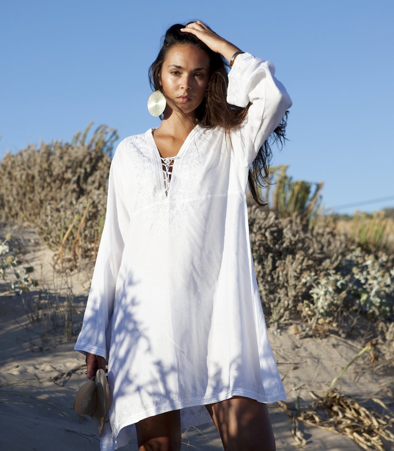 Spring Dress White Tunic Embroidered Dress-Karmia's Syle, dress,beach kaftanholiday wears,, gift,Spring gifts,,Gifts for her Ramadan,Eid image 1