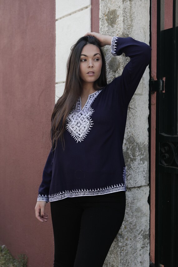Moroccan Tunic Asmahan Navy Blue Embroidery Tunic resortwear
