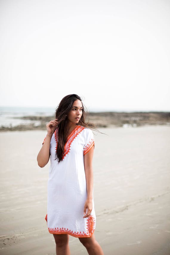 Summer White Orange Tunic Dress  Dress -Lena -women's dresses, bohemian, resortwear, holiday wear, gifts, beach wear, bohemian,beach kaftan