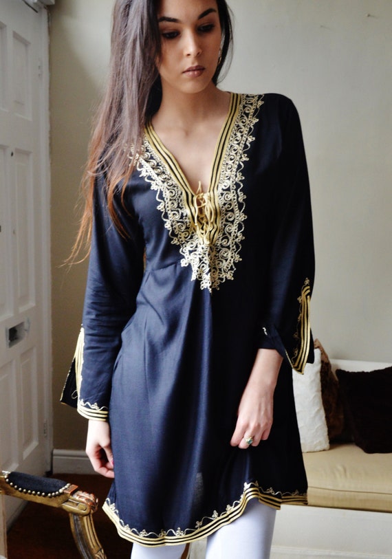 Spring Dress Trendy Clothing Black with Gold Embroidery Traditional Marrakech Tunic Dress - Perfect as Casual wear, loungewear, resortwear