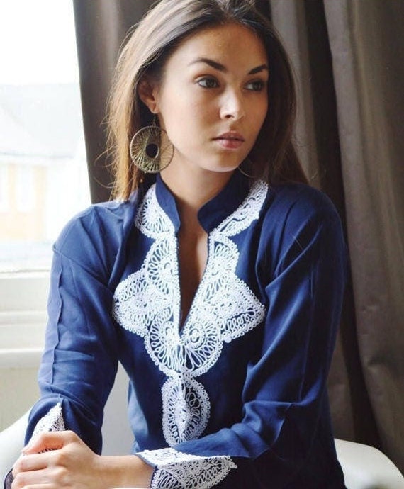 Clothing Navy Tunic White Embroidery-Salma- gifts, resort wear, casual wear, shirt, dress, gift, handmade tunic,,,Gifts for her ,holiday,Eid