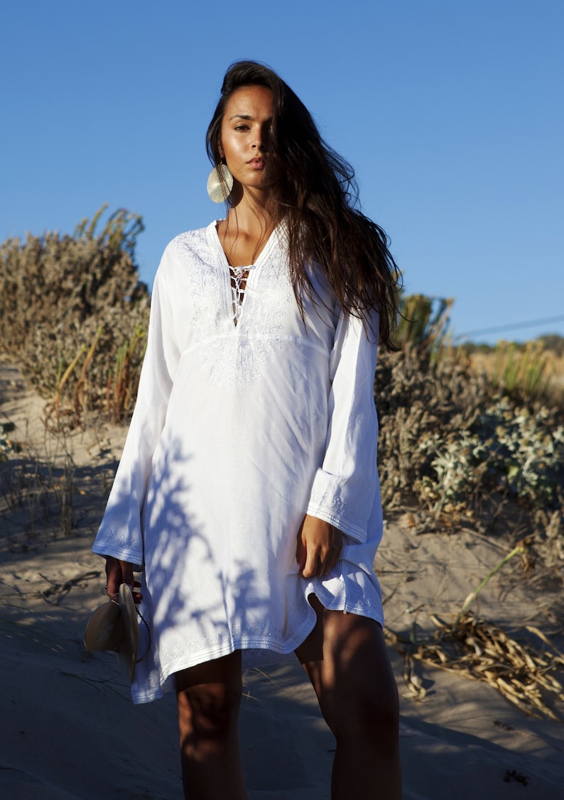 Spring Dress White Tunic Embroidered Dress-Karmia's Syle, dress,beach kaftanholiday wears,, gift,Spring gifts,,Gifts for her,summer dress image 2