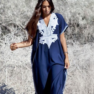 MM OriginalRobe caftan caftan bleu marine et argent bohème Marrakech, robe de plage, tenues de plage, tenues de villégiature, lounge, grandes tailles, cadeaux pour elle image 8