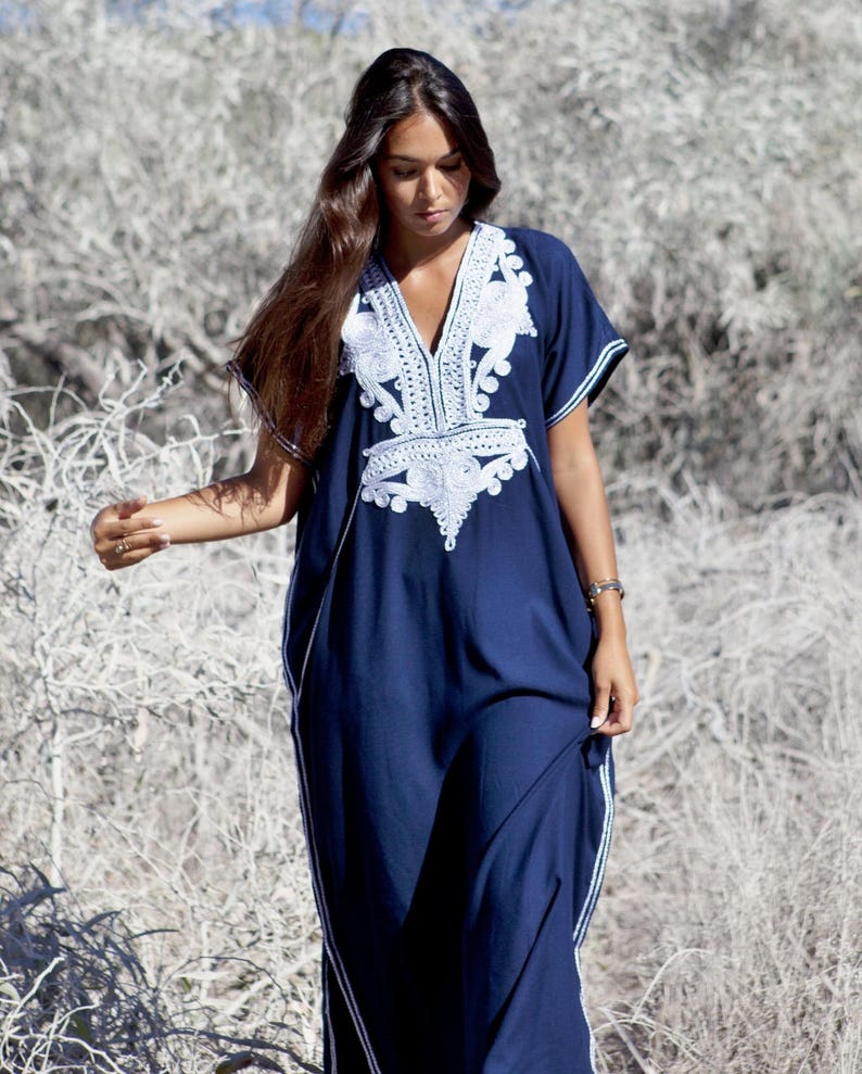 MM OriginalRobe caftan caftan bleu marine et argent bohème Marrakech, robe de plage, tenues de plage, tenues de villégiature, lounge, grandes tailles, cadeaux pour elle image 8