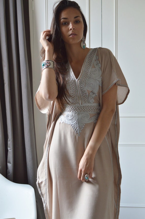 Spring Kaftan, Beige Silver Resort Caftan Kaftan-loungewear,beachwear,home dress, birthday gifts,beach kaftan,Ramadan dress, gift for her