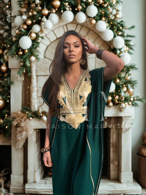 Etsy's Pick Christmas gift-Autumn Kaftan dress, Moroccan Green Gold Caftan-party dress,holiday dress,gift for her,home dress,resort dress