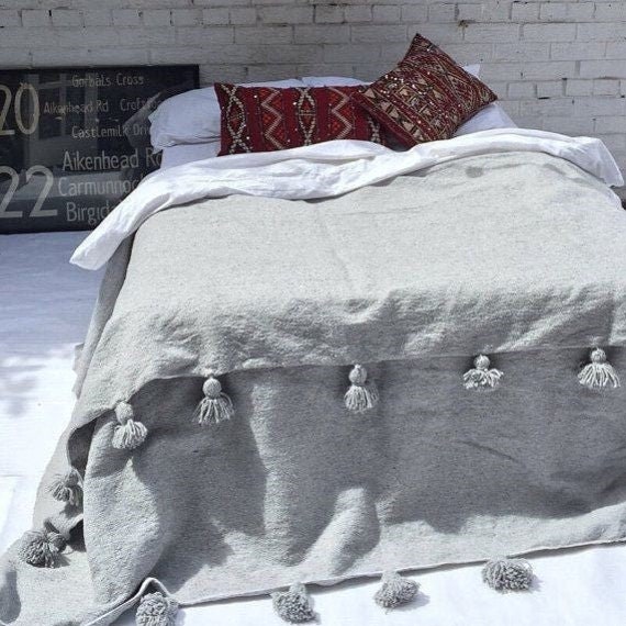 gifts,Moroccan Grey pompom Bed Blanket wedding bed cover, Bed Spread, Wedding gift, Moroccan throw, Moroccan bedding,  Ramadan,,
