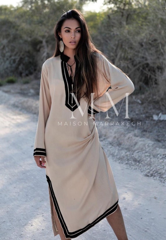 Etsy's Pick Gift-Summer Beige Black Mariam Resort Moroccan Caftan Kaftan -resort dress,home dress,loungewear, vacation dress,gift for her