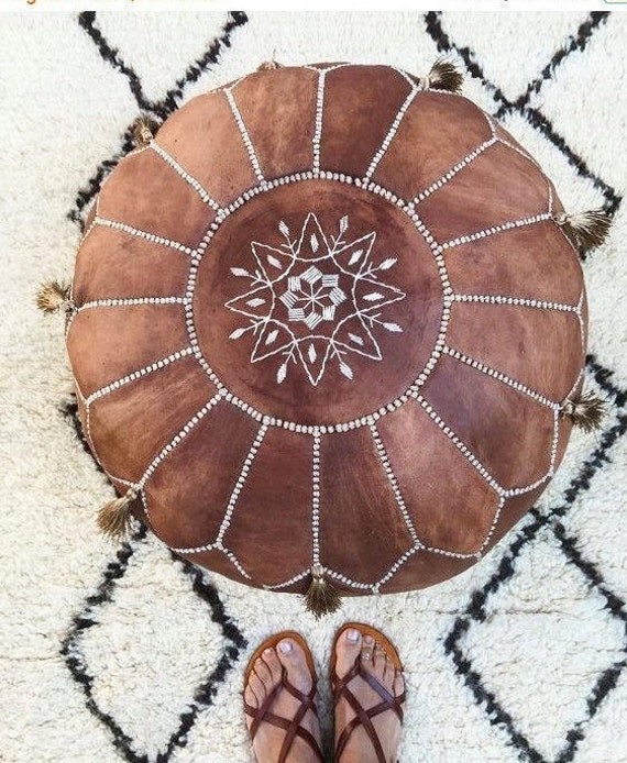 Bestseller/Tan Brown Moroccan Leather Pouf- tassels,Home gifts,wedding gifts gifts, foot stool, decor,pouffe, ottoman pouf,mother's day gift