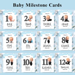 Cartes jalon bébé patron pour 12 mois, cartes bébé garçon, modèles modifiables thème bleu, modèle imprimable 5 x 7 po, téléchargement numérique immédiat