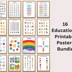 Conjunto de 16 carteles educativos Montessori, alfabeto de escritura a mano arcoíris, tabla ABC bohemia con impresiones decorativas en tonos pastel para aulas de niños pequeños y educación en casa.