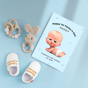 Modelo de cartão para o primeiro dia dos pais com tema Baby Boss, tema engraçado para bebê menino, editável, azul, para impressão, 5" x 7", download digital, pai de primeira viagem