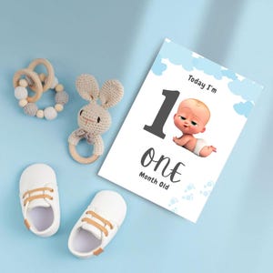 Bewerkbare mijlpaalkaarten babyjongen gedurende 12 maanden, kaarten babyjongen, bewerkbare blauwe themasjablonen, afdrukbaar ontwerp van 5 x 7 inch, digitale download