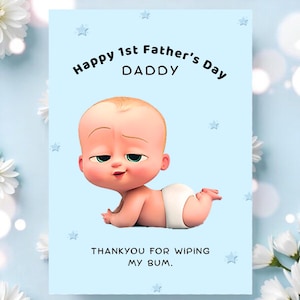 Modelo de cartão "Feliz 1º Dia dos Pais" Baby Boss, tema engraçado para bebê menino, editável, azul, para impressão, 5" x 7", download digital, pai de primeira viagem