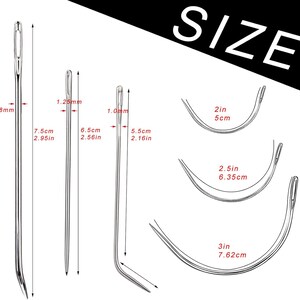 Puede incluir: Una colecci&oacute;n de agujas de coser de varios tama&ntilde;os. La imagen muestra agujas rectas de 7,5 cm, 6,5 cm y 5,5 cm de largo, y agujas curvas de 5 cm, 6,35 cm y 7,62 cm. Las agujas son plateadas y se muestran sobre un fondo blanco.