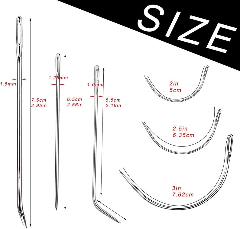 Puede incluir: Una colecci&oacute;n de agujas de coser de varios tama&ntilde;os. La imagen muestra agujas rectas de 7,5 cm, 6,5 cm y 5,5 cm de largo, y agujas curvas de 5 cm, 6,35 cm y 7,62 cm. Las agujas son plateadas y se muestran sobre un fondo blanco.