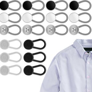 May include: A collection of button extenders and spring-style button replacements in black, white, and silver. The extenders are small, with a loop on one end and a button on the other. The spring-style buttons have a button head and a coiled spring.