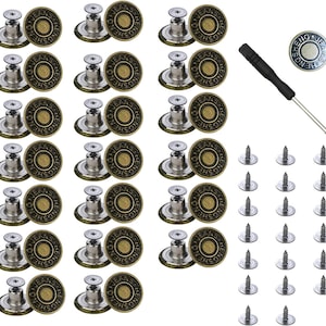 May include: A collection of bronze-colored jean buttons with the text "JEANS SHENG" around the edge. The set includes a screwdriver and silver screws for attachment. The buttons have a vintage, worn look.