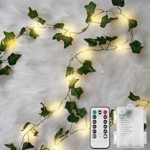May include: A string of LED fairy lights shaped like ivy vines with green leaves. The lights are warm white and are controlled by a remote with multiple light modes. A battery pack is also included.