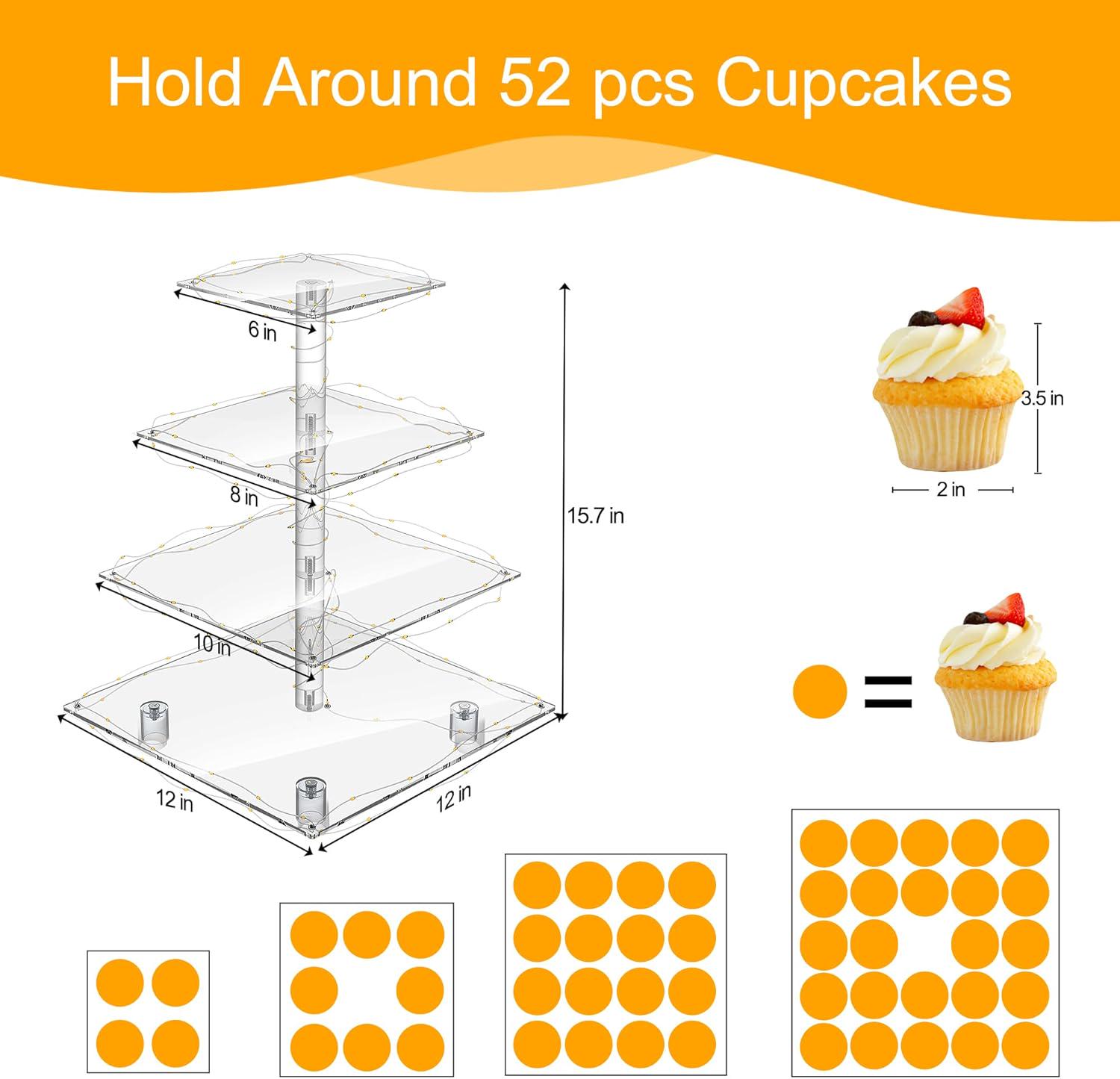 Ulifeme 4 Piani Cupcake Stand con Telecomando, LED Multicolore Supporto per Torte di Dolci Trasparente Quadrato, Torre di Cupcakes per Natale, Matrimoni, Anniversari, Feste Prenatalizie e Compleanni