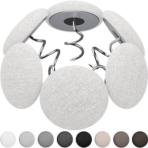 May include: A set of six white fabric-covered screw-in buttons with silver metal corkscrew-style stems. The buttons are arranged in a circular pattern, with a central button and five surrounding it. A color palette of neutral tones is shown below.