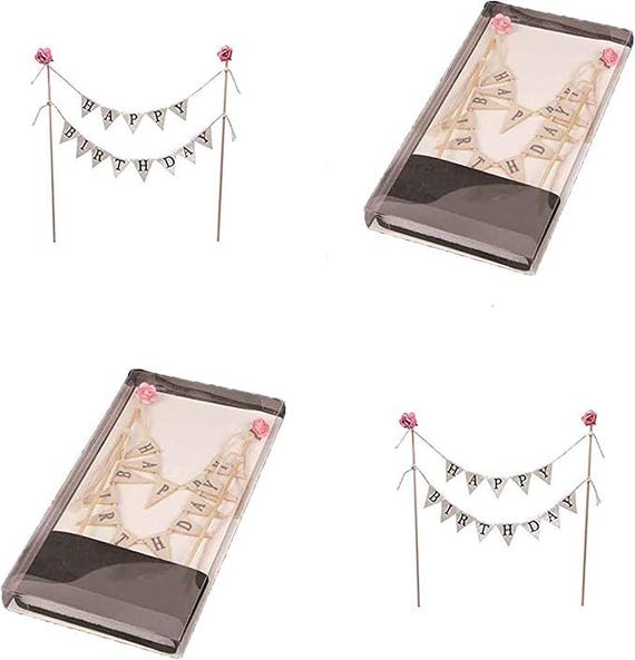 Handmade Happy Birthday Cake Bunting Topper With Wood Poles & Pink Roses - Ivory Cotton Garland
