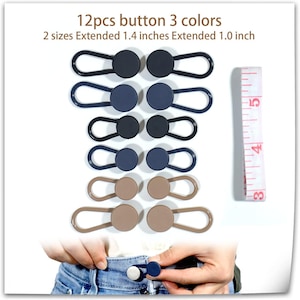 May include: Twelve button extenders in three colors: black, navy, and tan. Two sizes are available, extending 1.4 inches and 1.0 inch. A measuring tape is included. The buttons are being used on a pair of blue jeans.
