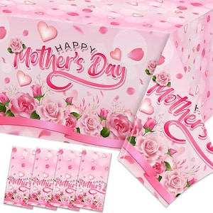 May include: Pink and white table cover with a floral design and the text "Happy Mother's Day".