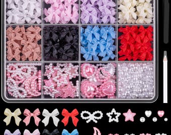 600 Pcs 3D Nail Charms and Flatback Pearls Set 1, 8 Colors Nail Bows Charm Cute Nail Jewels + 2-4mm White Nail Pearls for Nail Art DIY