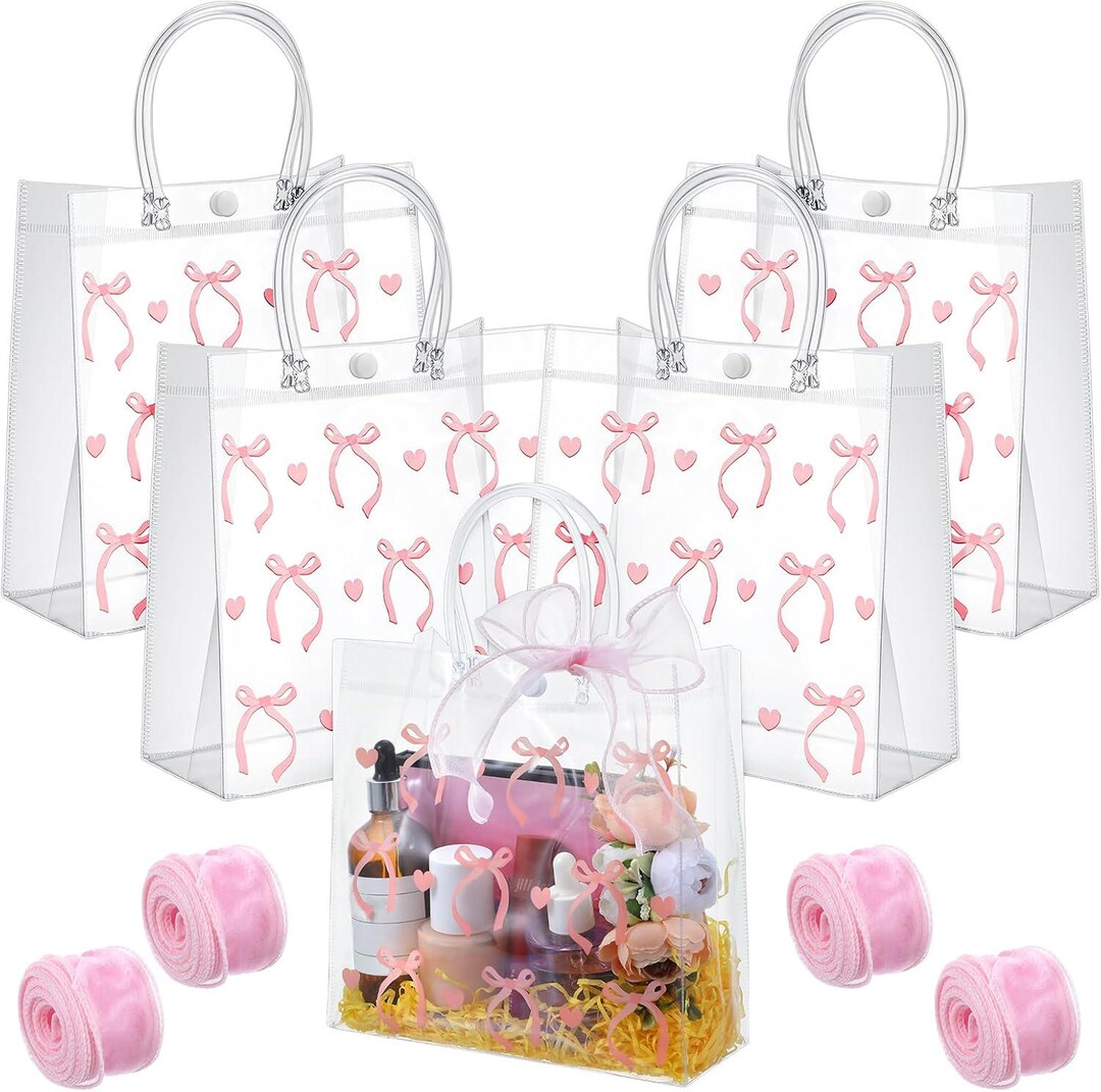 24pcs Pink Clear Gift Bags With Handles, Souvenir Bow Gift Bag With ...