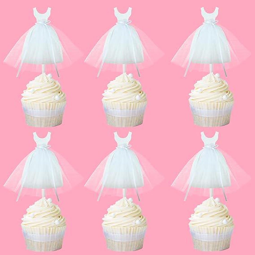 Wedding Dress Cupcake Toppers 12pcs Glitter White Tulle Dress Cupcake ...
