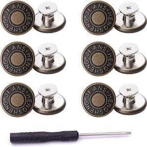 May include: Set of six bronze-colored jeans buttons with the text "JEANS HENG SHEN" around the edge. Each button has a silver-colored stud. A small screwdriver is included.