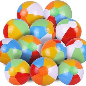 May include: A set of 10 colorful inflatable beach balls with various patterns and designs. The balls are all round and have a glossy finish.