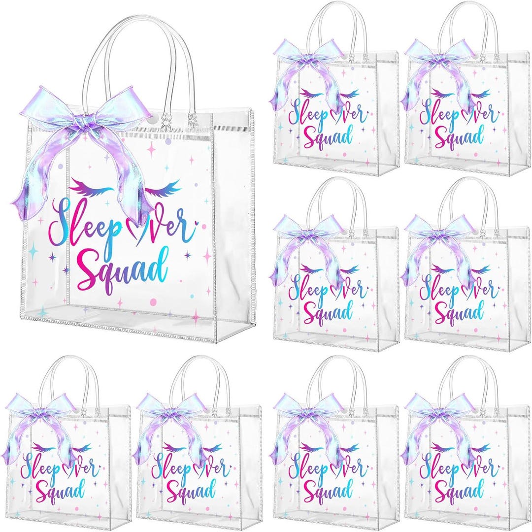 24 Pcs Sleepover Clear PVC Gift Bags With Handle and Ribbon Sleepover ...