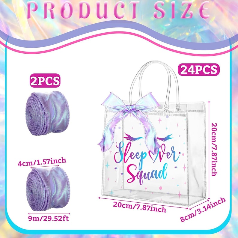 24 Pcs Sleepover Clear PVC Gift Bags With Handle and Ribbon Sleepover ...