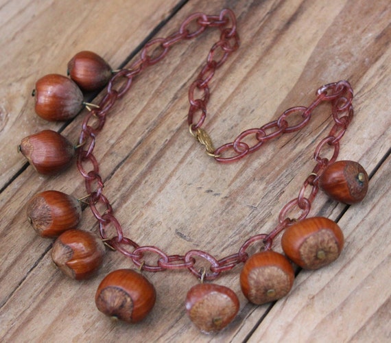 Vintage Necklace Celluloid & Real Nuts 16" Long Vi